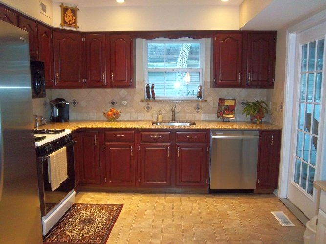 After: rich wine glaze on cabinets