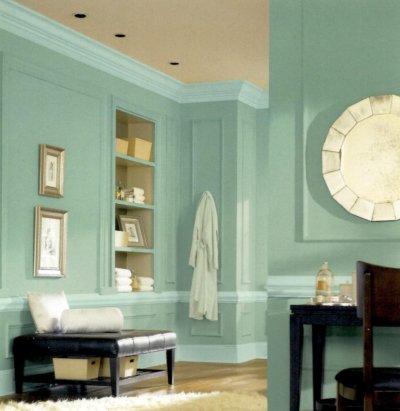 Green walls and aqua blue trim in a bathroom